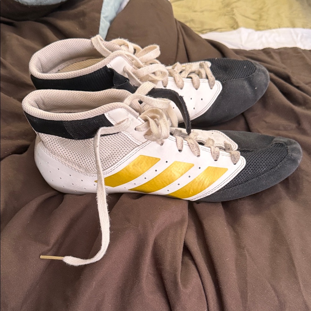 Adidas Black and White Wrestling Shoes with Gold Stripes